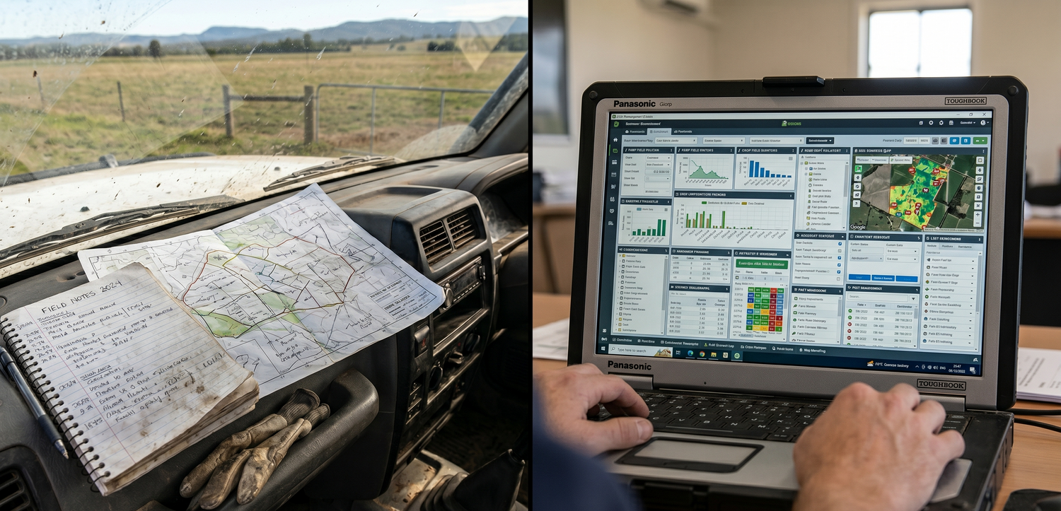 Two images: one of a dirty notebook and well used map on a ute dashboard in a farm paddock, and another of a person using a laptop with a complex farming software interface.